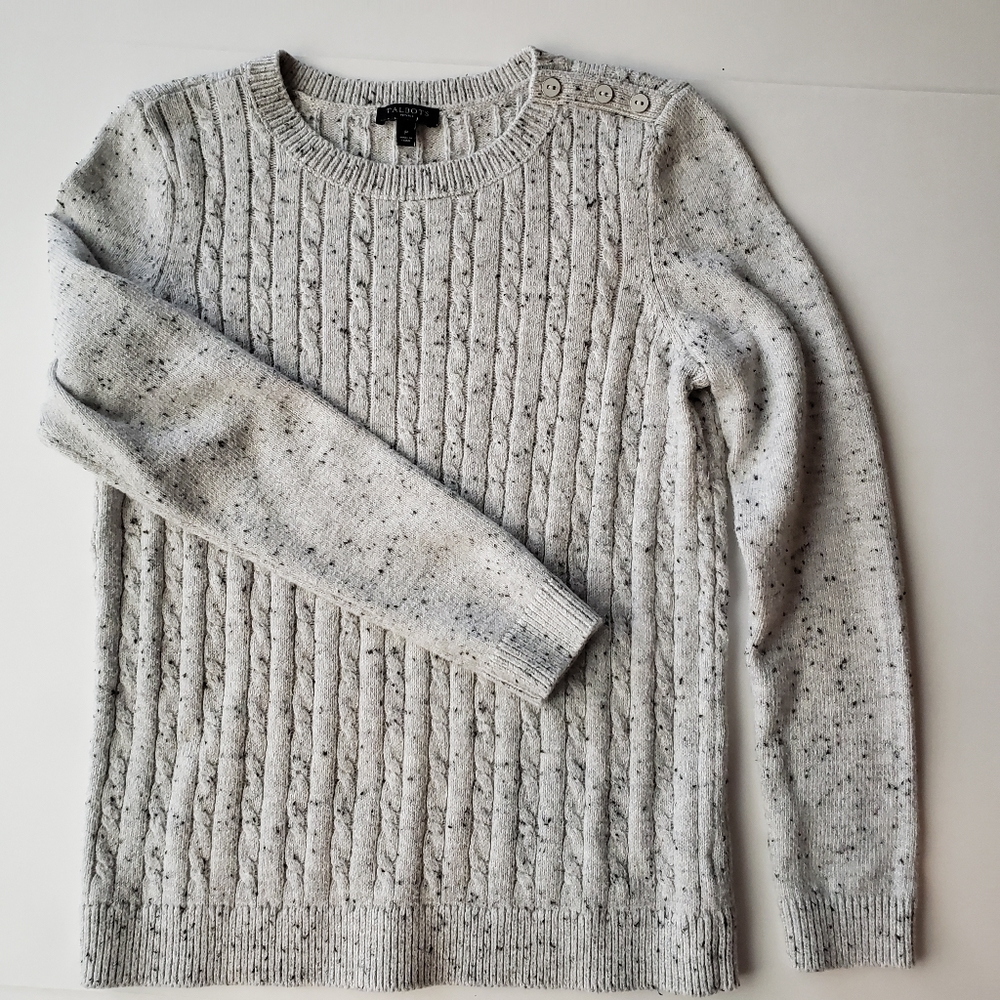 Talbots Cable Knit Round Neck Side Buttons Long Sleeve Sweater Gray Small.